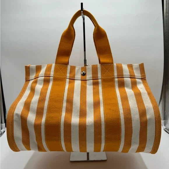 Hermes-Authentic- Yellow / White Stripe Cannes Tote Bag with Pouch - Picture 1 of 14